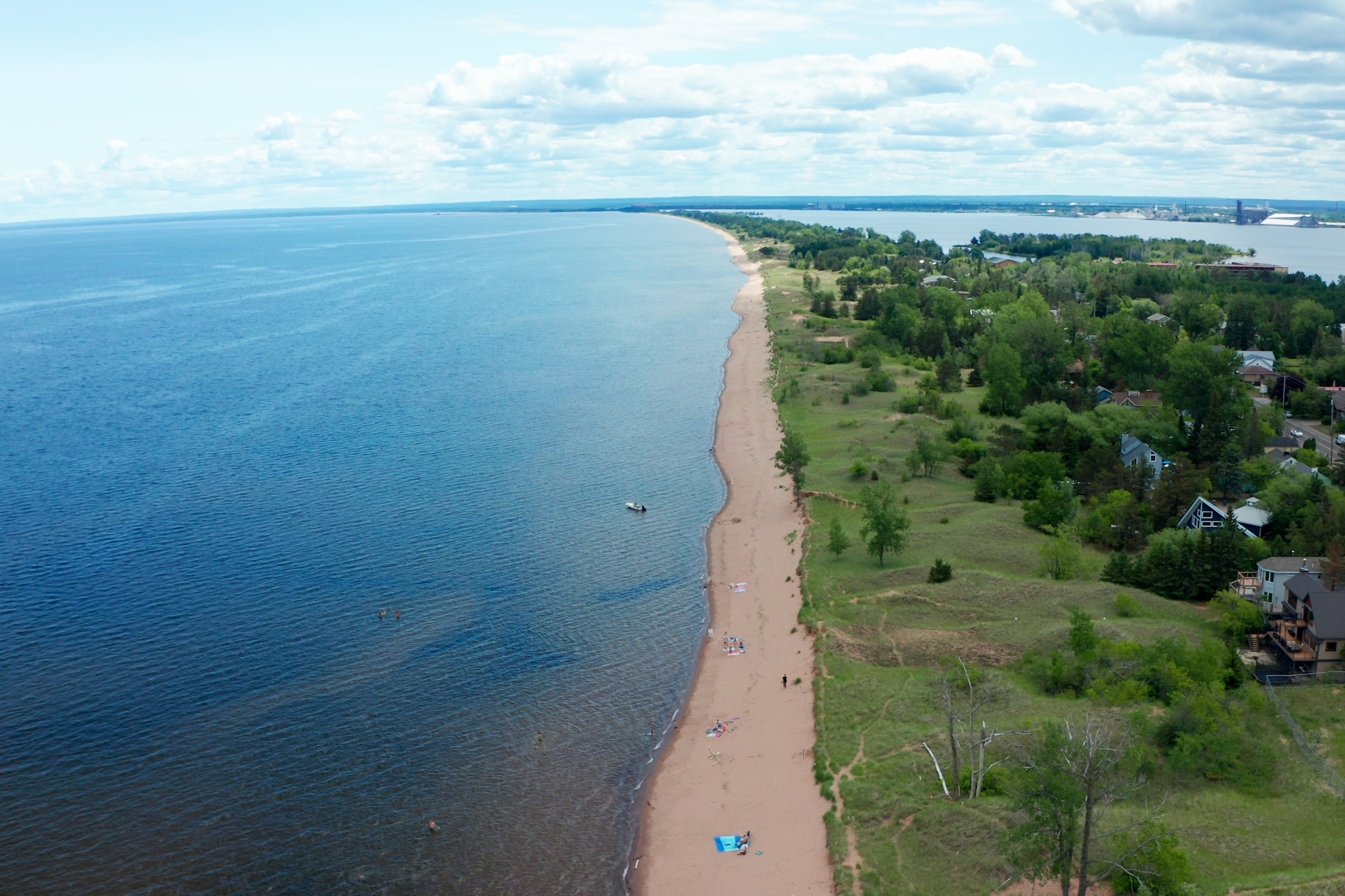 An aerial shot of Park Point Beach on Lake Superior