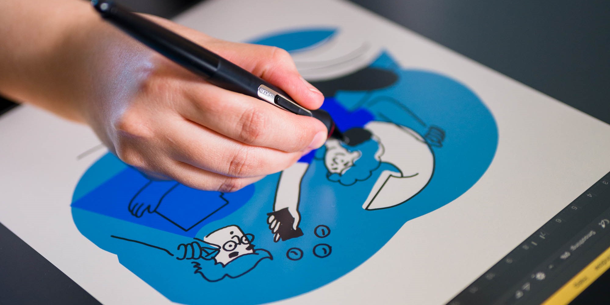 Using a wacom pen and tablet, someone draws two stylized people usings various shades of blue